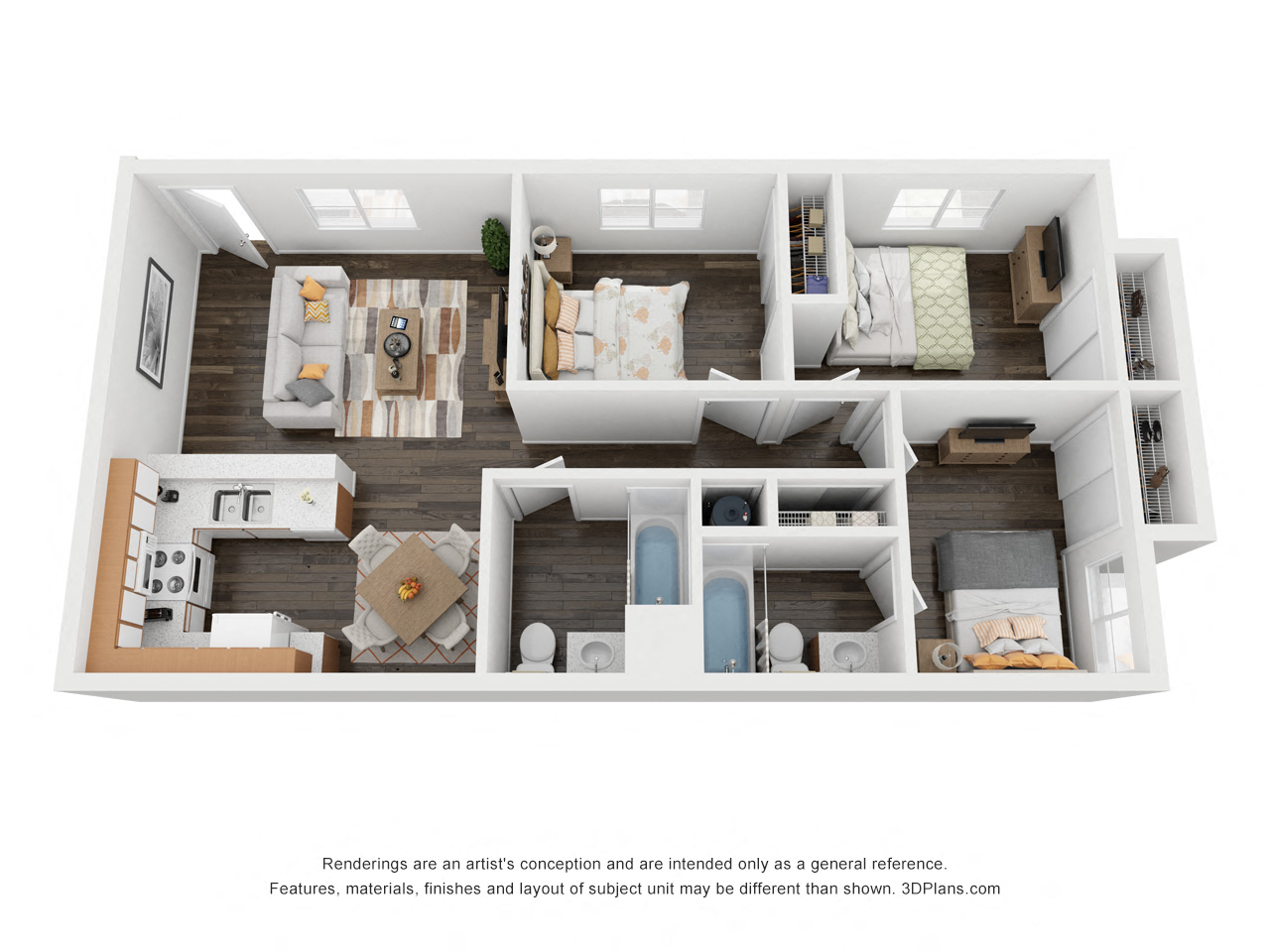Floor plan for 3 beds, 2 baths, 880 sqft